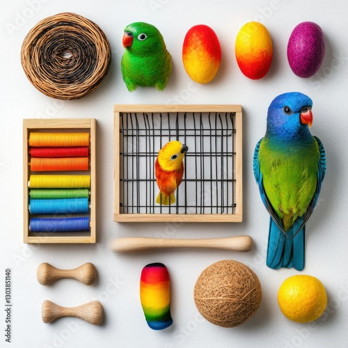 Flat lay of bird cage accessories, including perches, toys, and feeders, neatly arranged on a white surface white background, ideal for pet supply marketing.