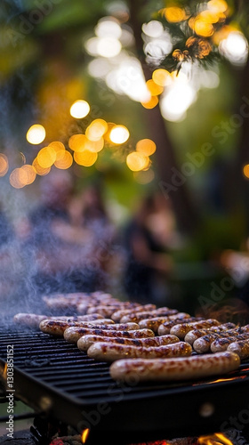 A summer backyard barbecue party with people cooking sausages on a grill under the lights