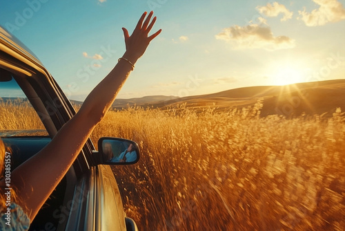 A woman's hand waves out from a car window with golden sunset fields passing by
