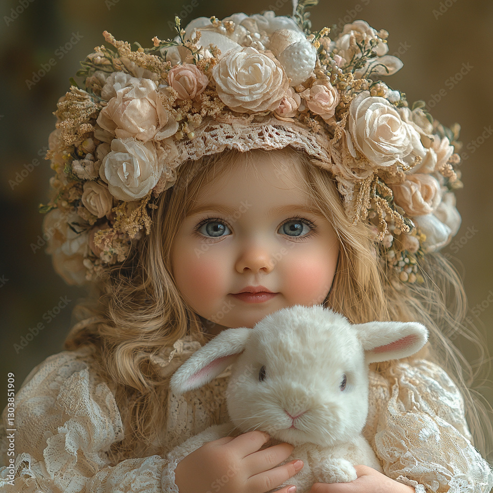 Fototapeta premium A little girl wearing an Easter bonnet holds a stuffed bunny. 