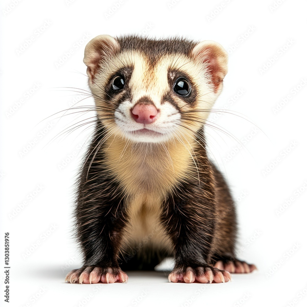 High-quality isolated image of a ferret in a playful stance, placed on a pure white background, perfect for pet store advertisements, highlighting its curious nature High-quality isolated image of a ferret in a playful stance, placed on a pure white background, perfect for pet store advertisements, highlighting its curious nature