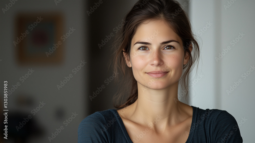 Warm Smile of a Beautiful Woman in Soft Light, Radiating Joy and Serenity Warm Smile of a Beautiful Woman in Soft Light, Radiating Joy and Serenity