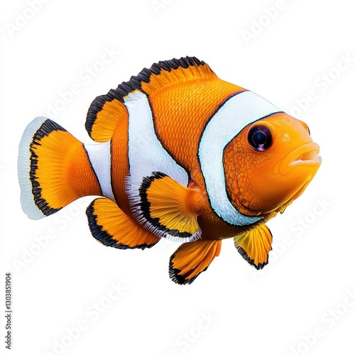 High-quality isolated image of a clownfish swimming, placed on a pure white background, perfect for marine life branding and childres content, showcasing its bright colors. photo