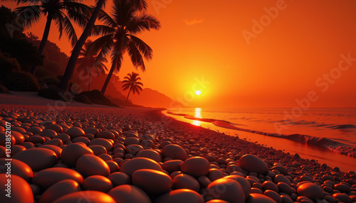 Fototapeta Naklejka Na Ścianę i Meble -  A serene tropical sunset with palm trees silhouetted against a vibrant orange sky, waves gently touching a pebble beach.