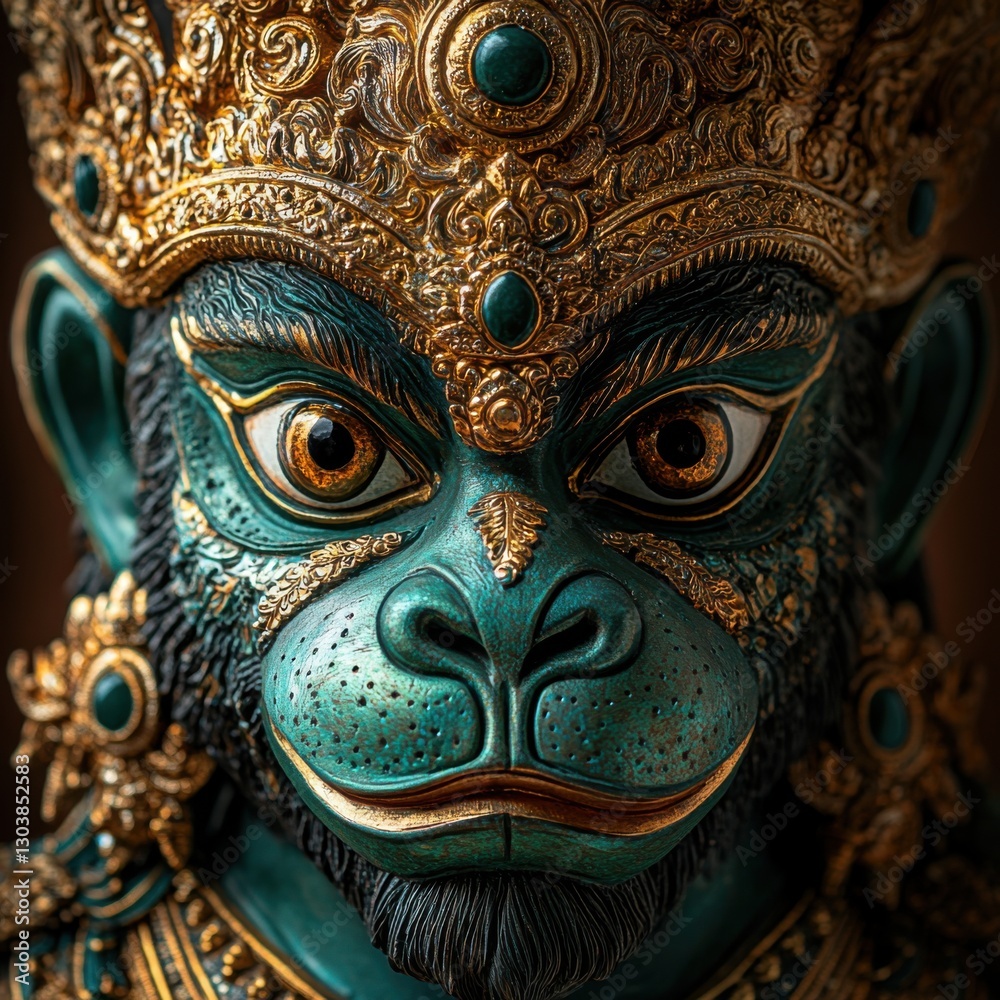Fototapeta premium Majestic Green-Hued Hanuman Statue with Intricate Golden Details