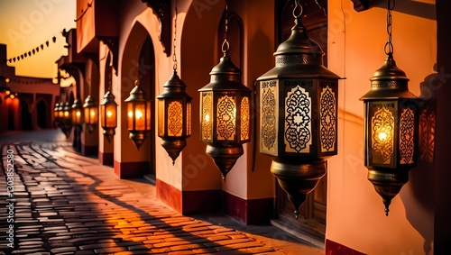 Islamic background and wallpaper featuring intricate lanterns swaying in a warm-lit bazaar, creating a mystical and festive ambiance