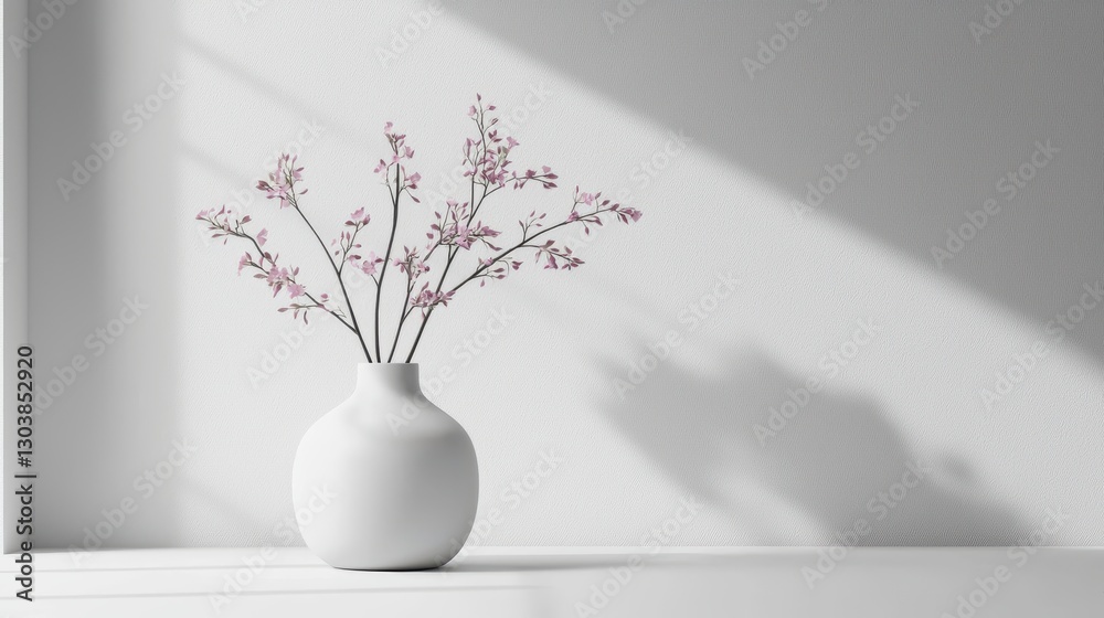Soft Shadows on Minimalist White Background with Blooming Branches Soft Shadows on Minimalist White Background with Blooming Branches