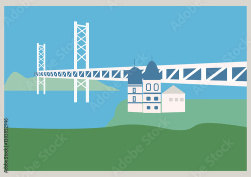 日本の明石海峡大橋が見える、神戸市、舞子公園からの眺め、風景イラスト