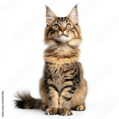 High-resolution image of a Maine Coon cat against a white backdrop, perfect for pet care and breed-specific branding, showcasing its large size and fluffy tail.