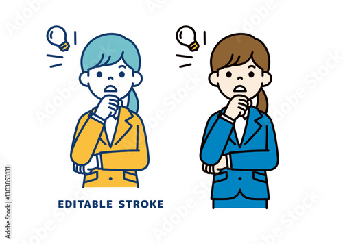 ハッとした表情で思いつく、若い女性会社員のベクターイラスト素材＿線幅の編集可能