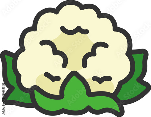 葉のついた、カリフラワーのアイコン（線画カラー）のイラスト