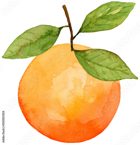 Orange with leaves watercolor hand drawn and painted on isolated background. Citrus fruit tropical food