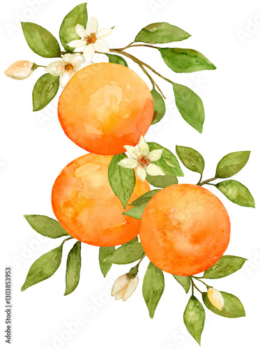 Three oranges on branch watercolor composition arrangement hand drawn and painted on isolated background. Citrus fruit flower tropical food border 