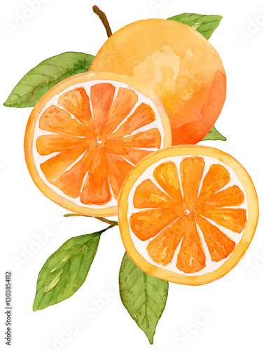 Orange and slices watercolor with leaves composition - citrus fruit hand drawn and painted on isolated background. 