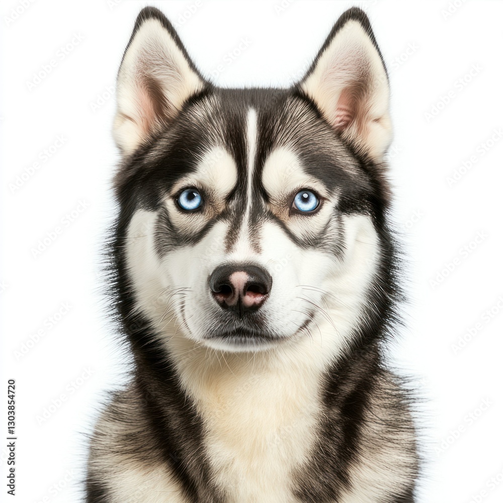 Professional image of a husky with a seamless white background, perfect for branding, packaging, and advertising, emphasizing its piercing blue eyes and thick coat. Professional image of a husky with a seamless white background, perfect for branding, packaging, and advertising, emphasizing its piercing blue eyes and thick coat.