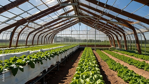 Large greenhouse with a curved, transparent roof made of plastic sheeting supported by wooden beams.