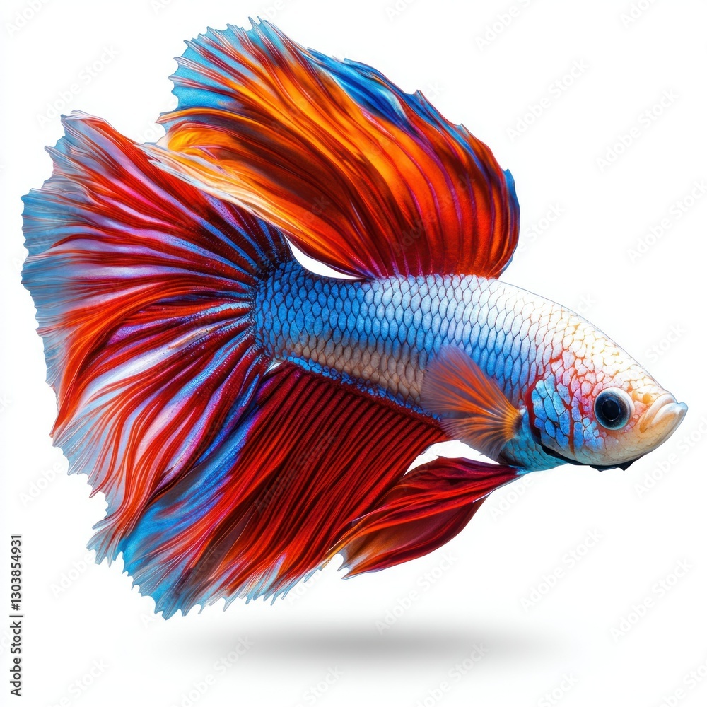 Professional image of a vibrant betta fish with a seamless white background, perfect for aquarium branding and fishkeeping promotions, highlighting its flowing fins.