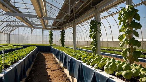 Large greenhouse with a curved, transparent roof made of plastic sheeting supported by wooden beams.