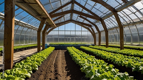 Large greenhouse with a curved, transparent roof made of plastic sheeting supported by wooden beams.