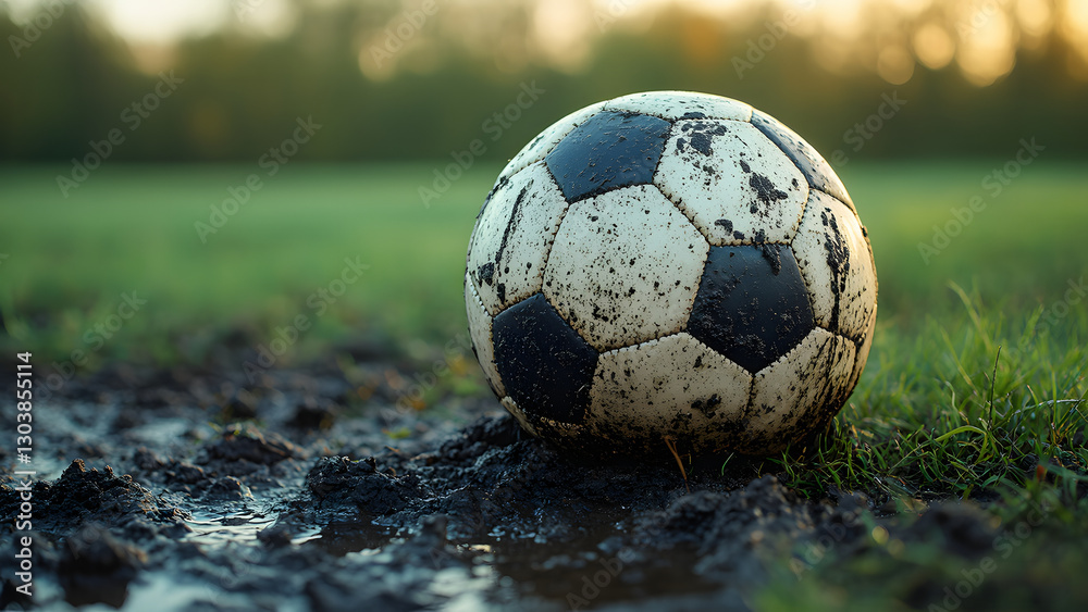 Fototapeta premium Worn-Out Football on a Muddy Grass Field