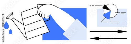 Hand watering with droplets, geometric diagrams, and arrows symbolizing nurturing growth, strategy, improvement. Ideal for teamwork, business, education, creativity innovation progress planning