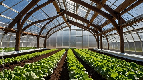Large greenhouse with a curved, transparent roof made of plastic sheeting supported by wooden beams.