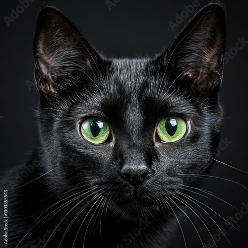 Studio shot of a black cat with green eyes, isolated with soft lighting, creating a mysterious and captivating look, perfect for Halloween-themed branding.
