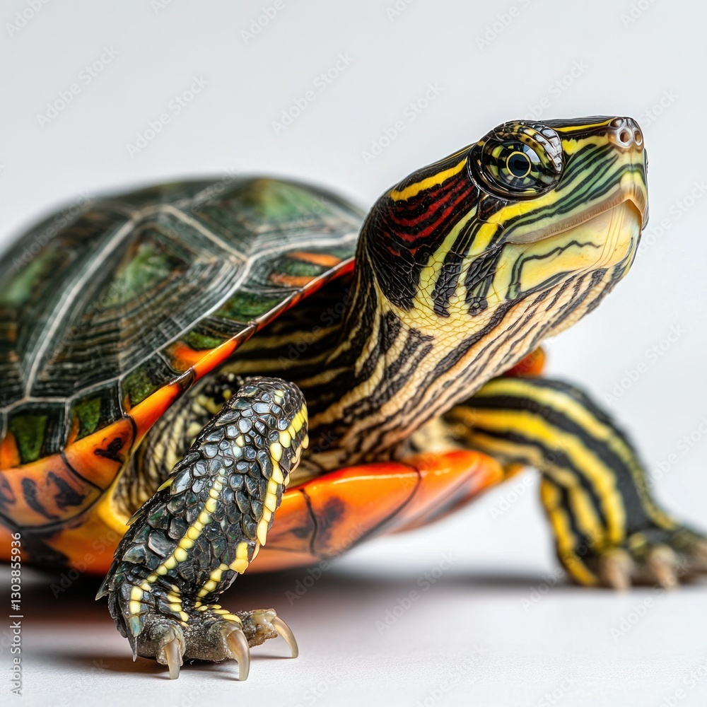 Obraz premium Studio shot of a red-eared slider turtle, isolated with soft lighting, creating a calm and educational look, perfect for reptile pet care branding