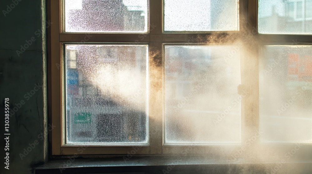 Fototapeta premium Sunlight and Steam at a Foggy Window in an Urban Environment