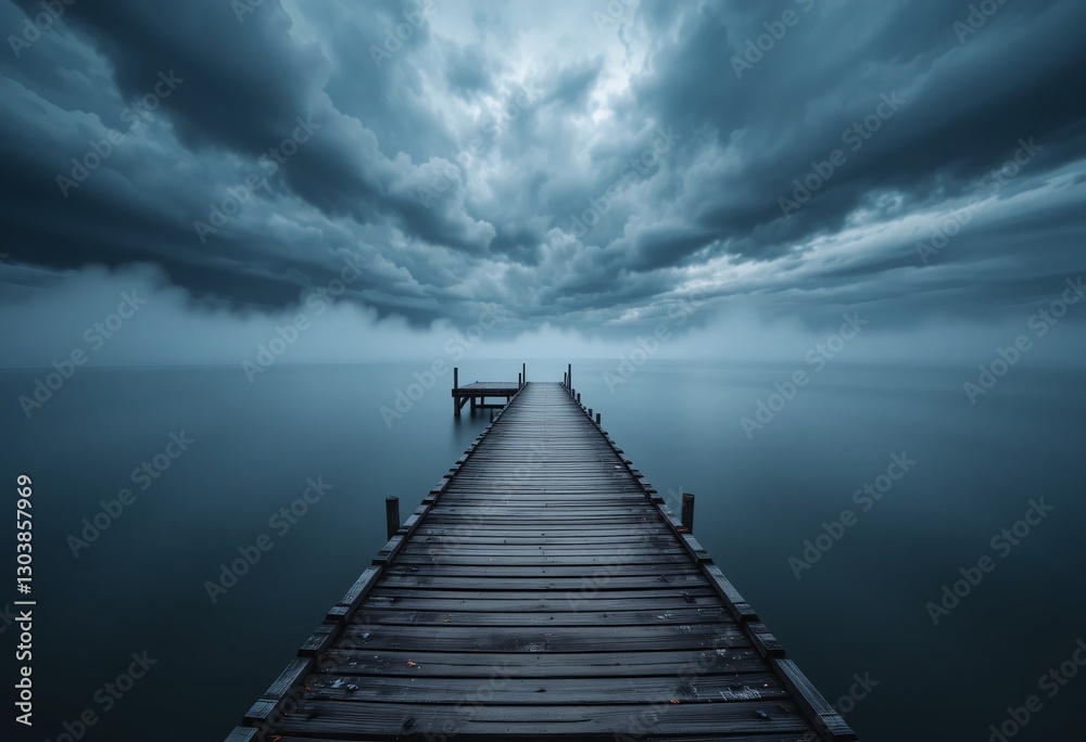 Naklejka premium Serene Pier Scene. Tranquil Ocean View, A Wooden Pier Extends Into Foggy Waters. Overcast Sky Creates A Calm And Moody Atmosphere. Solitude And Contemplation On The Horizon.