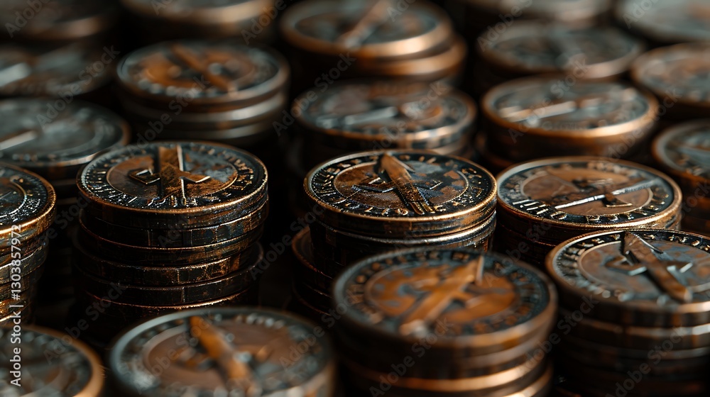 Piles of coin money with drawn arrow Piles of coin money with drawn arrow