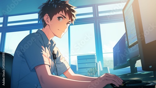 オフィスで仕事をするアニメ調の日本人男性