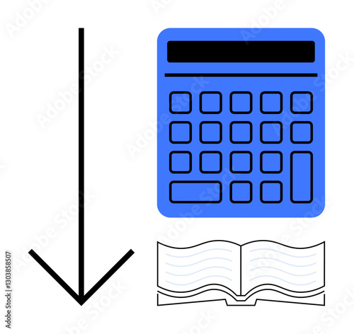Blue calculator, open book, and a downward arrow. Ideal for finance, education, data analysis, learning, budgeting knowledge transfer and simplicity. Flat simple metaphor