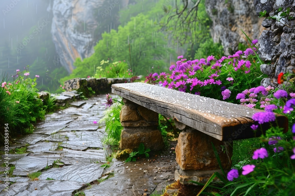 A serene pathway features a wooden bench surrounded by vibrant flowers and lush greenery, enveloped in a gentle mist. A serene pathway features a wooden bench surrounded by vibrant flowers and lush greenery, enveloped in a gentle mist.