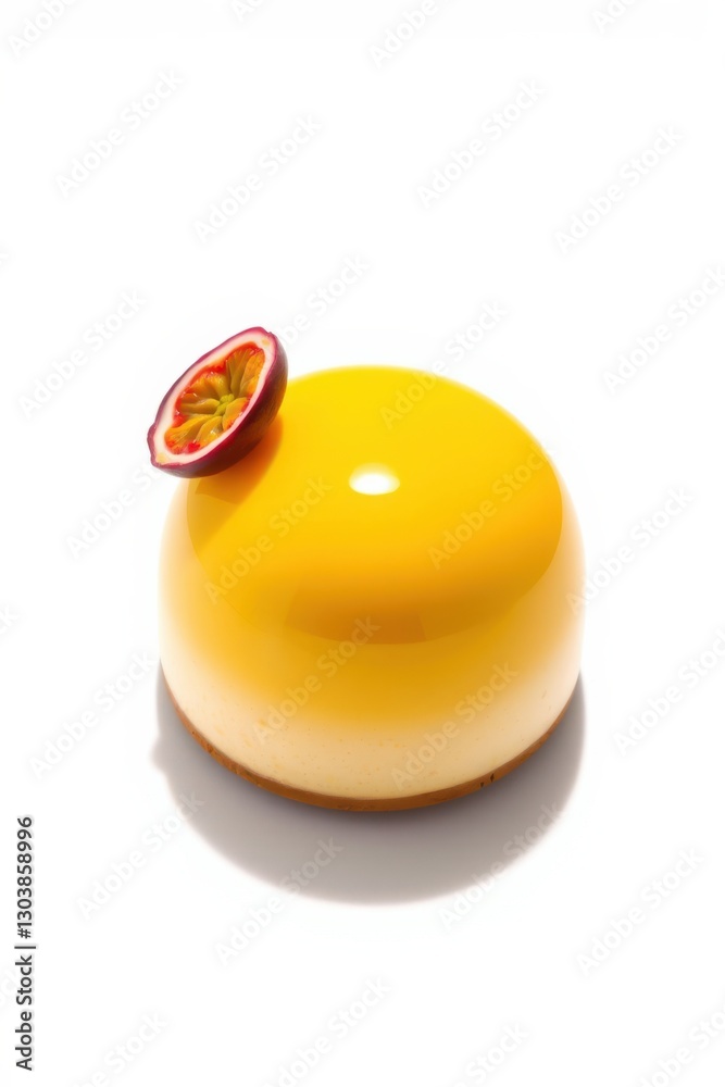 Passion fruit dessert: A glossy, dome-shaped treat adorned with a passion fruit slice on white. Passion fruit dessert: A glossy, dome-shaped treat adorned with a passion fruit slice on white.