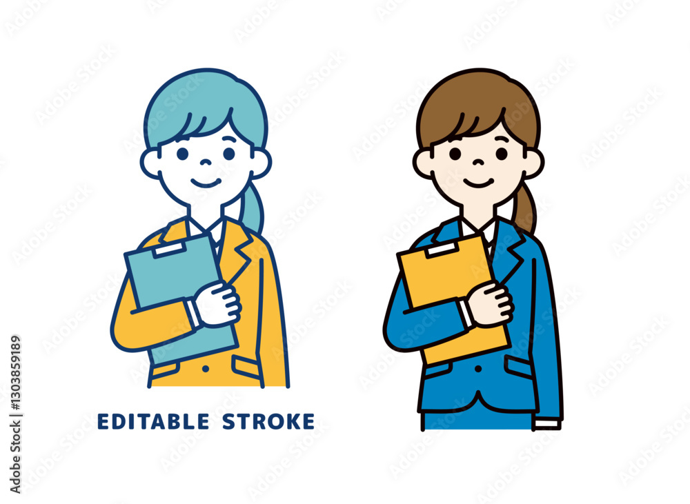 腕にファイルを抱えた、若い女性会社員のベクターイラスト素材＿線幅の編集可能