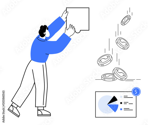 Man placing puzzle piece while coins fall and pie chart represents data analysis, finance, decision-making, strategy. Ideal for investment, economy, problem-solving, analytics, profit planning flat