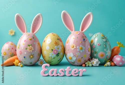 Easter eggs with bunny ears and carrots on a blue background, festive holiday decoration, pastel colors, happy easter greeting, spring celebration, and cute animal design.