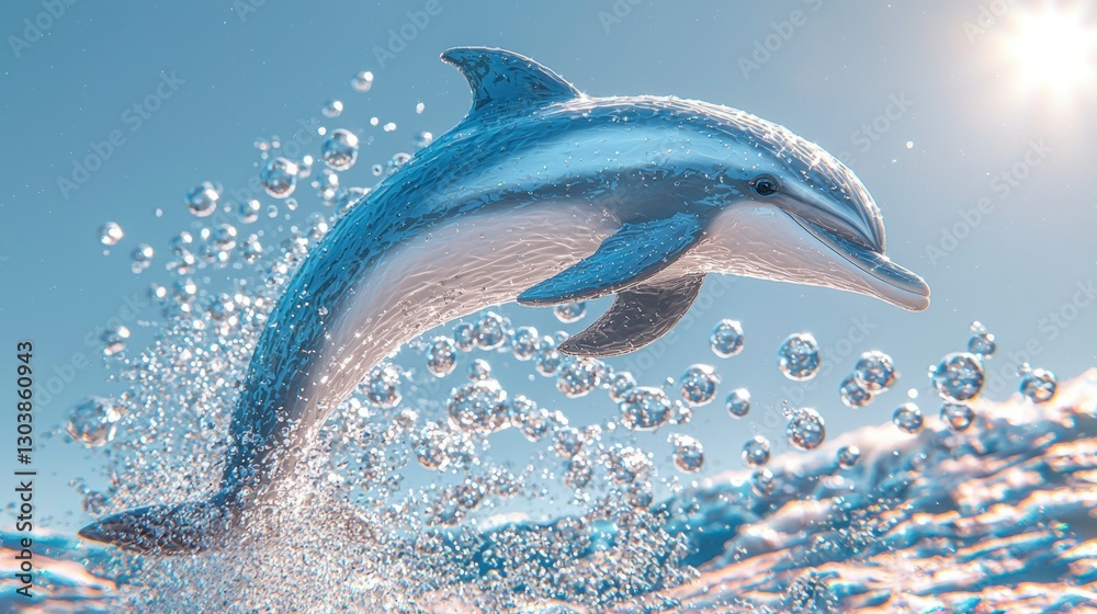 Fototapeta premium Dolphin Leaping Ocean Water Bubbles 3D Render Sunlight Aquatic Wildlife