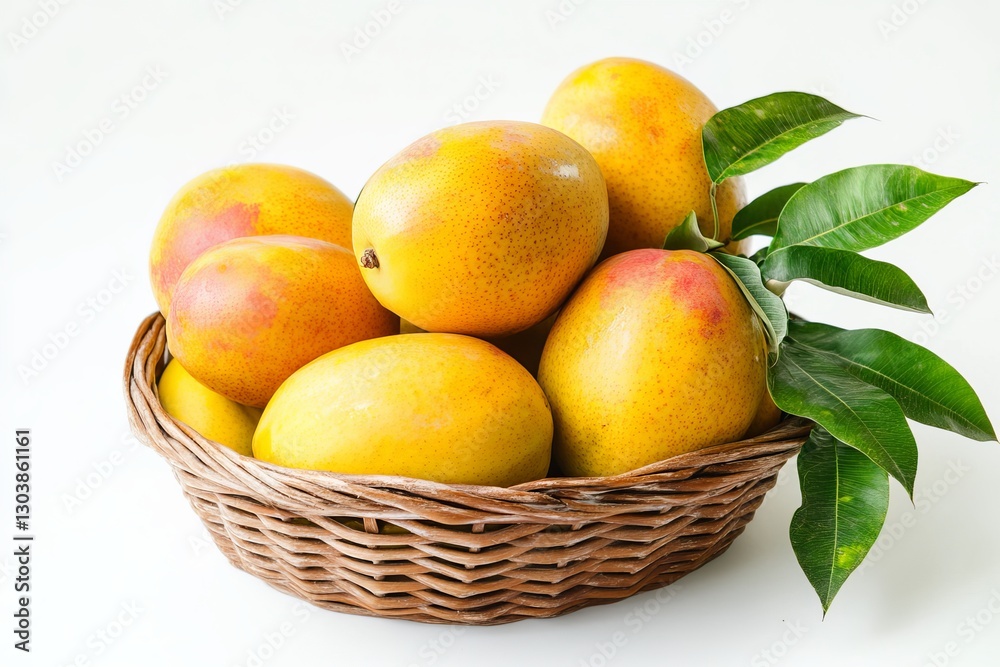 Ripe Yellow Mangoes in Brown Wicker Basket Fresh Tropical Fruit Summer Harvest Sweet Juicy Delicious Exotic Vitamins Healthy Food Natural Organic Ripe Yellow Mangoes in Brown Wicker Basket Fresh Tropical Fruit Summer Harvest Sweet Juicy Delicious Exotic Vitamins Healthy Food Natural Organic