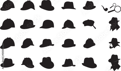Detective Hat Silhouettes on White Background 
