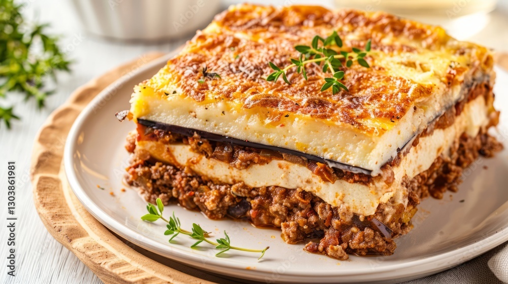 Delicious Homemade Moussaka Recipe Layered with Eggplant Meat and B?chamel Sauce on White Plate Delicious Homemade Moussaka Recipe Layered with Eggplant Meat and B?chamel Sauce on White Plate