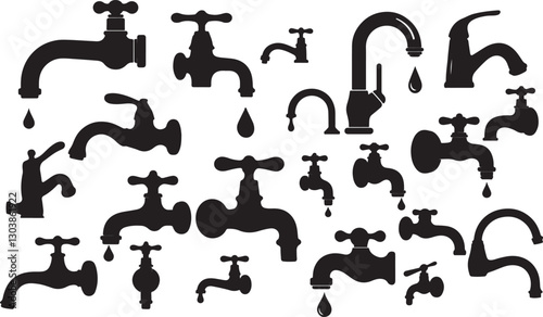 Dripping Faucet Silhouettes on White Background