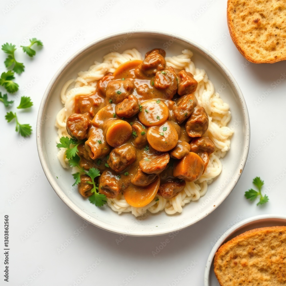 Hearty meal of creamy stew and noodles in a bowl, paired with toasted bread slices on a white table. Hearty meal of creamy stew and noodles in a bowl, paired with toasted bread slices on a white table.