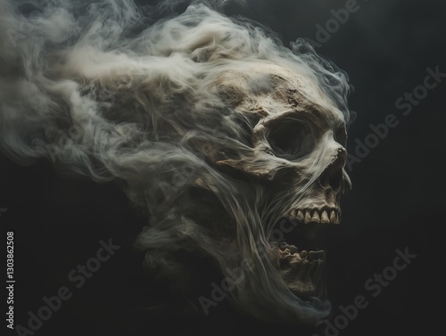 Dangerous mysterious human skull floating in eerie mist,with an open mouth. Concept of death, mystery, horror.