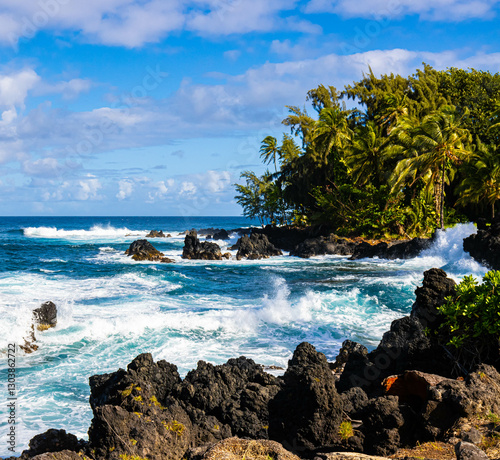 Waves Washing Against The Jagged Lava Spires in Nua' Ailua Bay, Keanae, Maui, Hawaii, USA photo