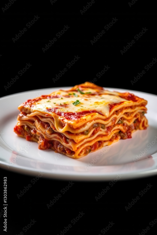 Lasagna slice: layers of pasta, cheese, and tomato sauce creates a comfort food delicacy on a plate. Lasagna slice: layers of pasta, cheese, and tomato sauce creates a comfort food delicacy on a plate.