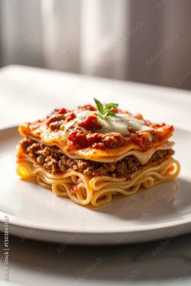 A delectable square slice of lasagna, with layers of noodles, meat sauce, cheese, and topped with mint. A delectable square slice of lasagna, with layers of noodles, meat sauce, cheese, and topped with mint.