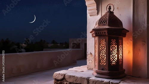 A rustic Islamic lantern glowing softly on a stone ledge, set against a starry night sky with a crescent moon, perfect for an Islamic background and wallpaper