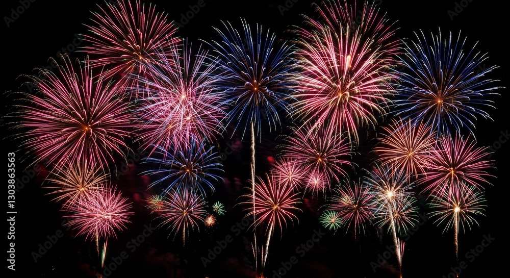 Vibrant fireworks explode in the night sky, painting a colorful spectacle. Vibrant fireworks explode in the night sky, painting a colorful spectacle.